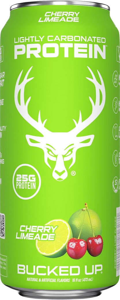 Bucked Up Lightly Carbonated Protein Soda | 25g Whey Isolate - Zero Sugar, Low Calorie, Caffeine Free, Clean Drink | Sparkling Protein Soda - 12 Pack, 16 oz Cans (Cherry Limeade)