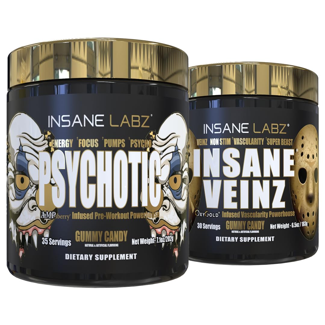 Insane Labz Psychotic Gold and Insane Veinz Gold Pre Workout Nitric Oxide Booster Stack, Increase Muscle Mass, Vascularity, Strength, Energy, Focus, Fruit Punch