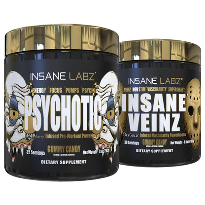 Insane Labz Psychotic Gold and Insane Veinz Gold Pre Workout Nitric Oxide Booster Stack, Increase Muscle Mass, Vascularity, Strength, Energy, Focus, Fruit Punch