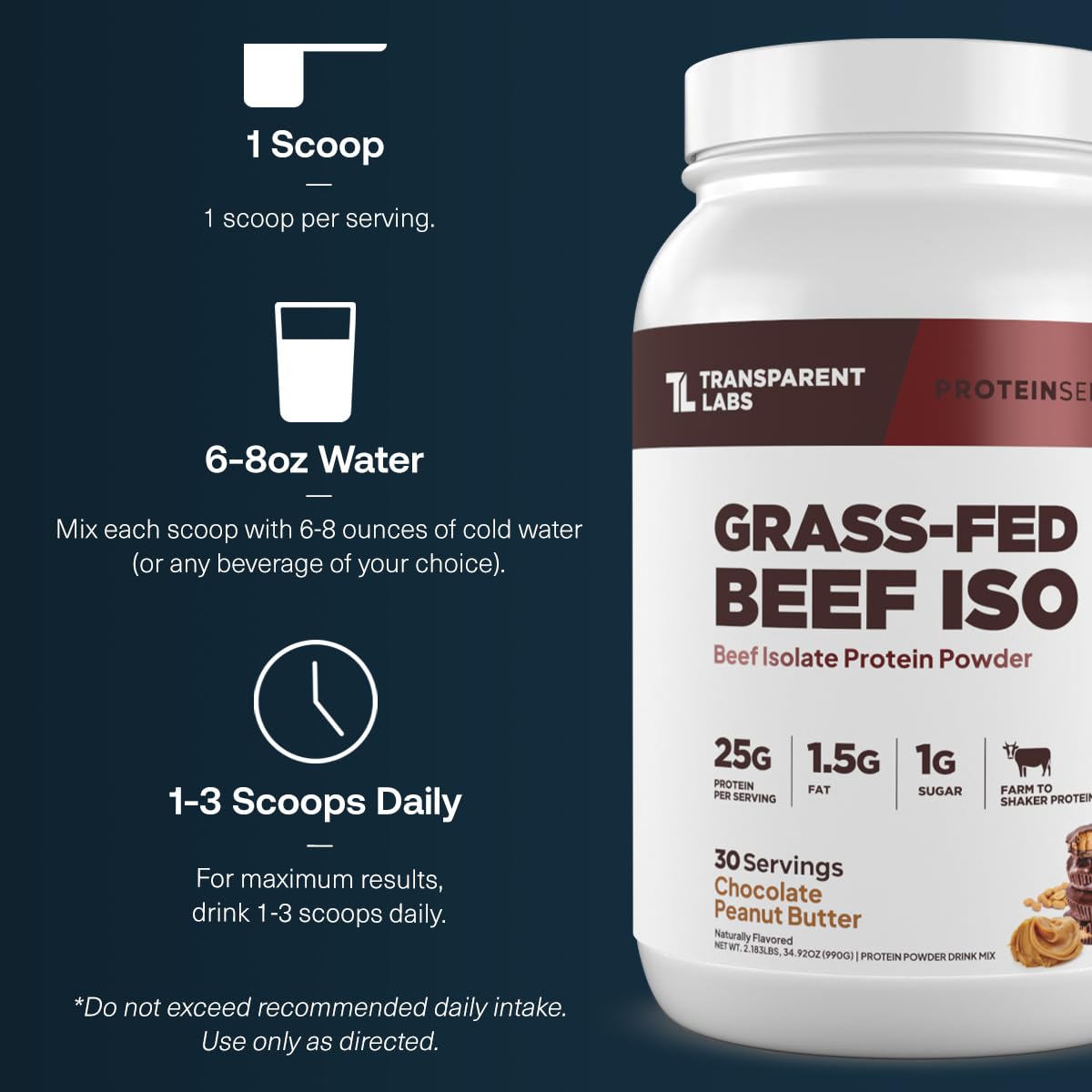 Transparent Labs Grass-Fed Beef Isolate Protein Powder – Naturally Flavored, Dairy-Free Protein with 25g of Protein per Serving for Increased Recovery & Strength - 30 Servings, Chocolate Peanut Butter