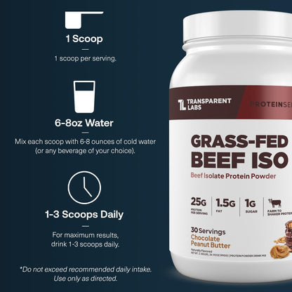 Transparent Labs Grass-Fed Beef Isolate Protein Powder – Naturally Flavored, Dairy-Free Protein with 25g of Protein per Serving for Increased Recovery & Strength - 30 Servings, Chocolate Peanut Butter