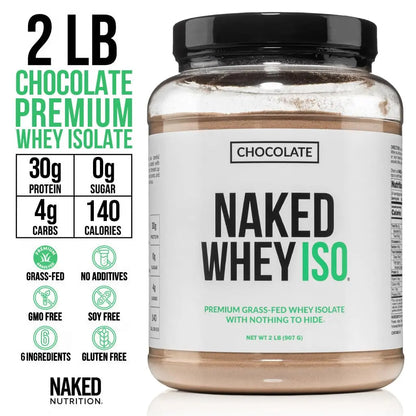 NAKED Chocolate Whey Isolate Protein - Only 6 Ingredients, 30g Grass-Fed Protein, Undenatured, No GMO, No Soy, Gluten-Free, No Preservatives - 24 Servings NAKED