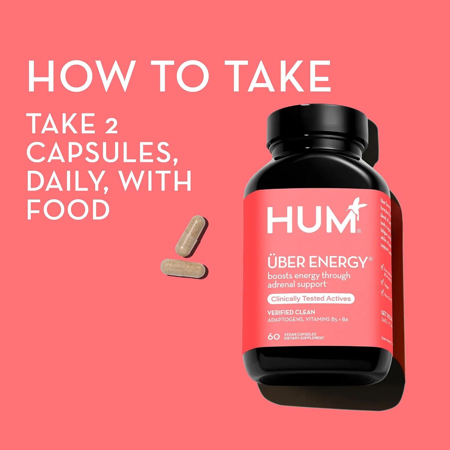 HUM Uber Energy Adrenal Energy Support Supplement with Ashwagandha Root, Ginseng, B Vitamins, Vitamin B6, B5, and Adaptogens, Supplements for Adrenal Fatigue Support, 60 Vegan Capsules