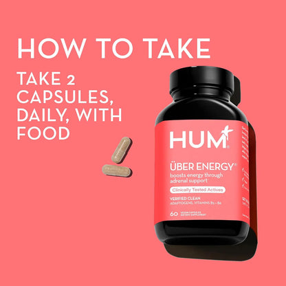 HUM Uber Energy Adrenal Energy Support Supplement with Ashwagandha Root, Ginseng, B Vitamins, Vitamin B6, B5, and Adaptogens, Supplements for Adrenal Fatigue Support, 60 Vegan Capsules