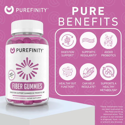 PUREFINITY Fiber Gummies for Adults with Inulin FOS from Chicory Root, Sugar Free Prebiotic Supplement for Daily Digestion & Constipation Support – Non-GMO, Vegan, 60 Count