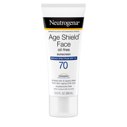 Neutrogena Age Shield Face Oil-Free Sunscreen Lotion with Broad Spectrum SPF 70, Non-Comedogenic Moisturizing Sunscreen to Help Prevent Signs of Aging, PABA-Free, 3 fl. oz. Neutrogena