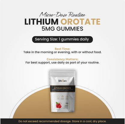 BiloRaux Lithium Orotate 5mg Gummies – Premium Microdose Lithium Supplement for Calm Balance & Focus – Natural Raspberry Flavour – 90 Vegan Gummies BiloRaux