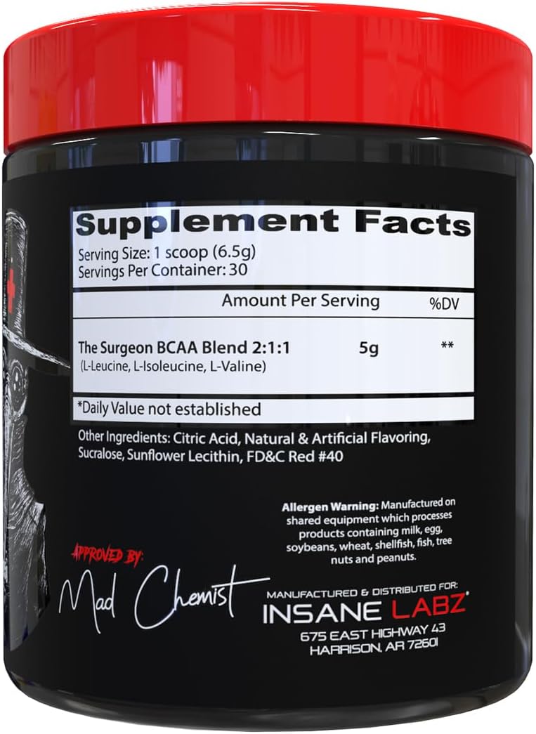 Insane Labz The Surgeon BCAA Recovery Powder - Branched Chain Amino Acid Post Workout Drink for Muscle Recovery - 30 Srvgs (30 Servings (Pack of 1), Fruit Punch)