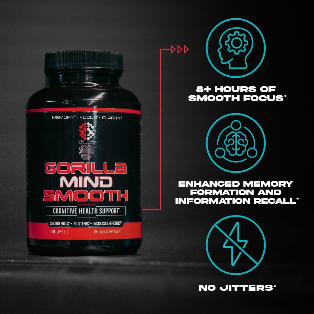 Gorilla Mind Smooth Nootropic Formula - Best Non-Stimulant Productivity Supplement/Memory · Focus · Mental Clarity · No Jitters / 150 Capsules