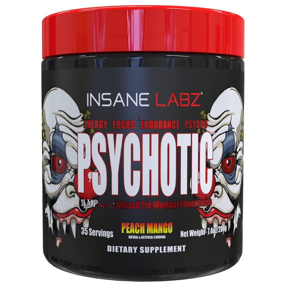 Insane Labz Psychotic, High Stimulant Pre Workout Powder, Extreme Lasting Energy, Focus and Endurance with Beta Alanine, Creatine Monohydrate DMAE, 35 Srvgs (Fruit Punch)