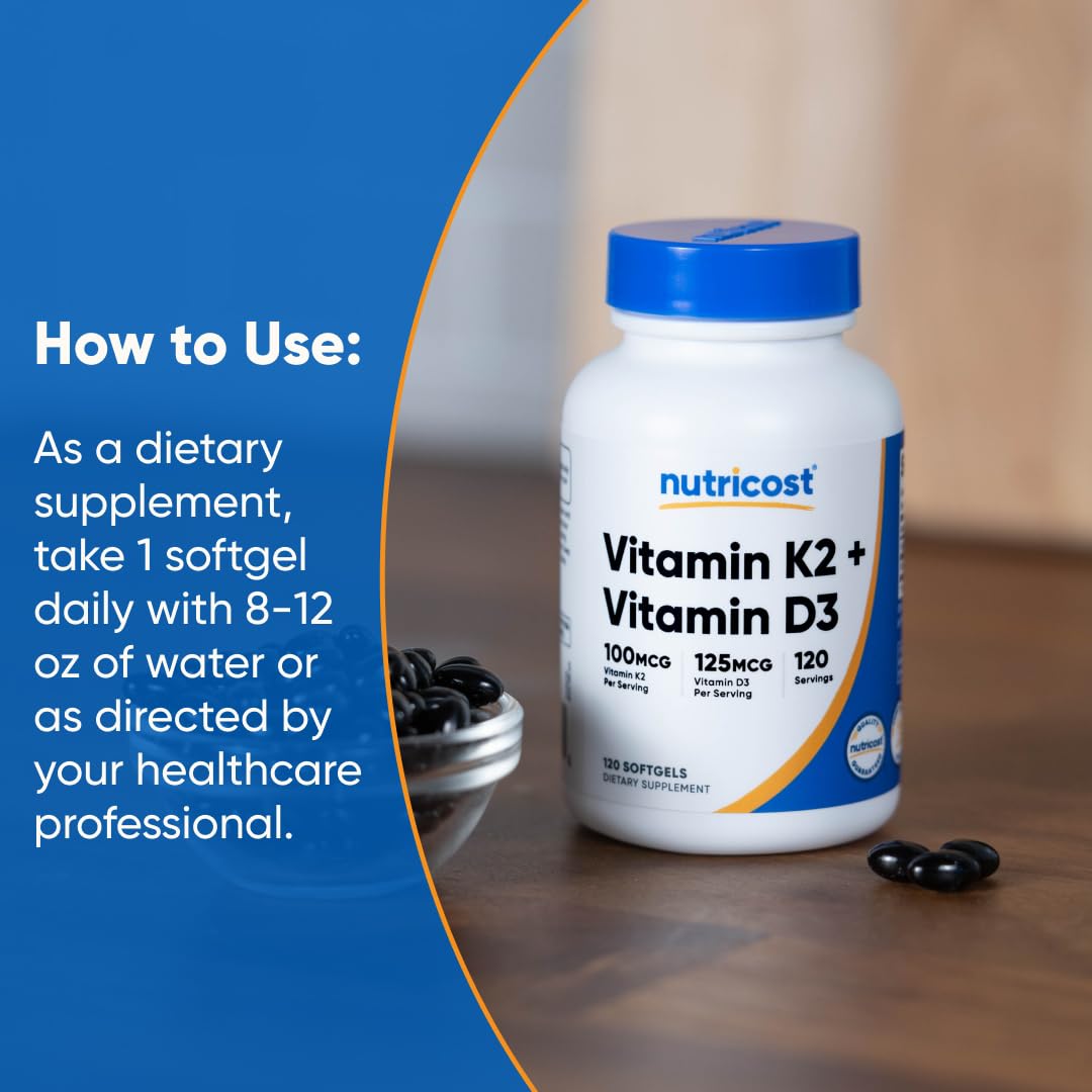 Nutricost Vitamin D3 + K2 (5000 IU D3 / 100mcg MK7), 120 Softgels – Gluten-Free & Non-GMO Nutricost