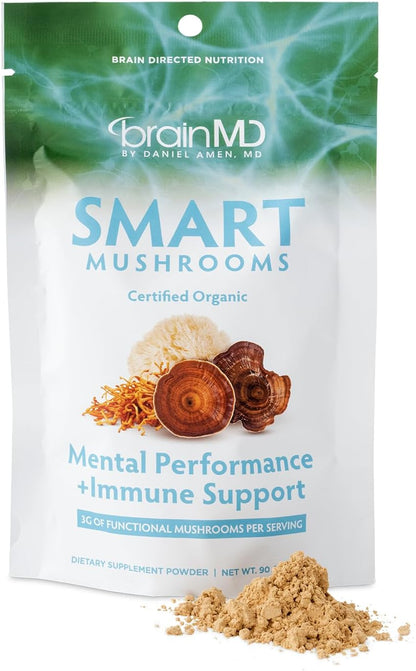 BRAINMD Dr Amen Smart Mushrooms - 3.2 oz - Mental Performance + Immune Support - Vegan, GMO Free, Gluten Free - 30 Servings