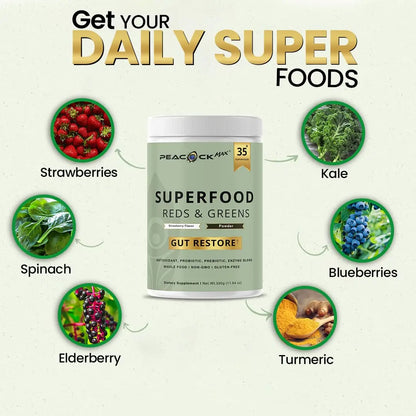 Superfood Reds & Greens Powder - 11.64 oz, Prebiotics & Probiotics for Digestive Health, Super Greens Powder with Ashwagandha for Gut Health, Immunity, Antioxidants, Peacock Max