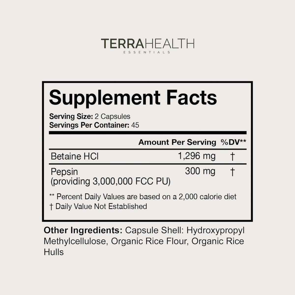 Terra Health Essentials Reflux Inhibitor - Digestive Supplement for Stomach Comfort, Acid Balance & Nutrient Absorption - Betaine HCL with Pepsin Terra Health Essentials