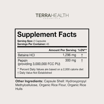 Terra Health Essentials Reflux Inhibitor - Digestive Supplement for Stomach Comfort, Acid Balance & Nutrient Absorption - Betaine HCL with Pepsin Terra Health Essentials