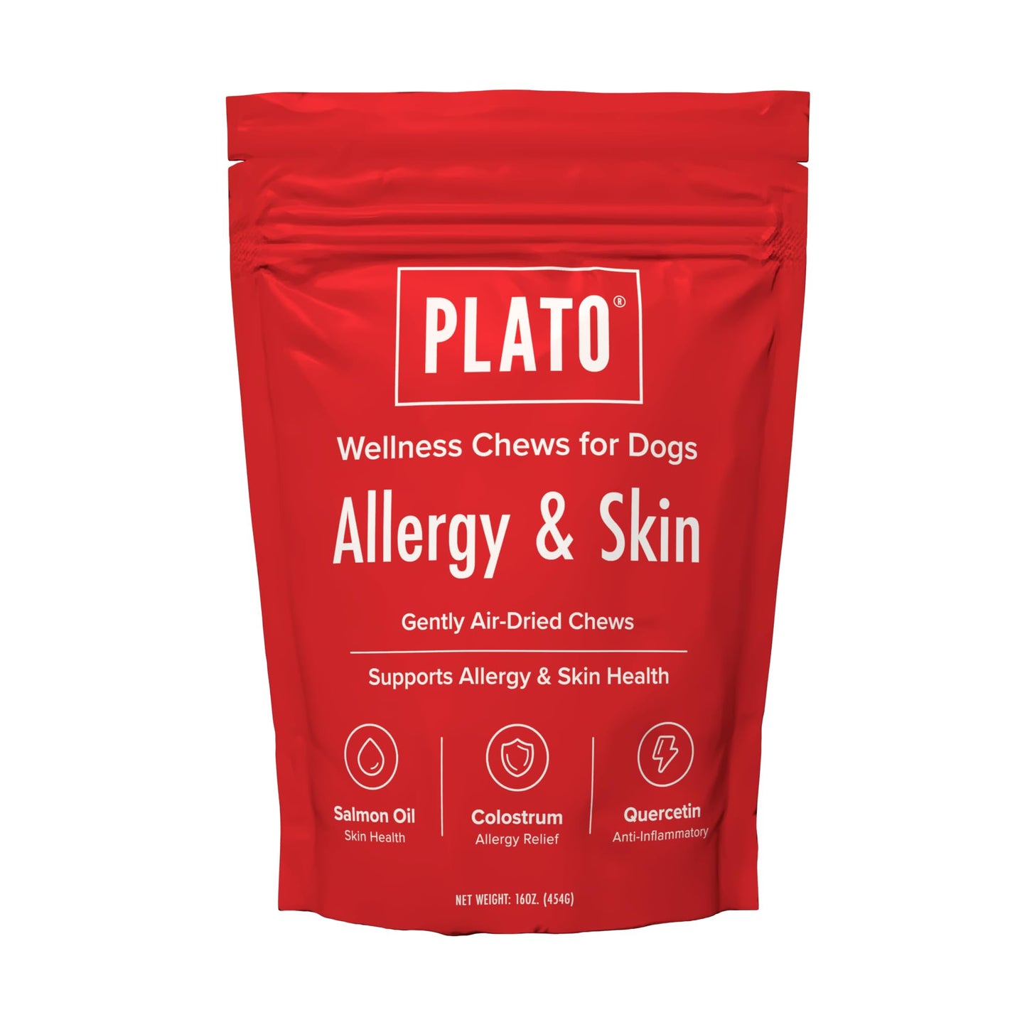PLATO Pet Treats Air-Dried Wellness Chews for Dogs – Functional Dog Chews – Supports Skin Health & Allergy Relief – Salmon Oil, Colostrum & Quercetin Recipe 8oz Gsupps Australia