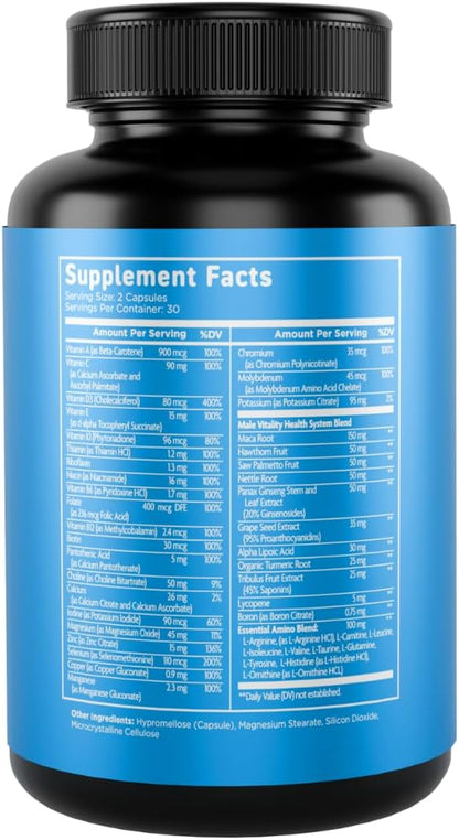 Vital Vitamins Men's Multivitamin Complex for Vitality & Performance | Complete Multivitamins with Essential Amino Blend, Maca Root, Saw Palmetto & Panax Ginseng, 60 Capsules Gsupps Australia