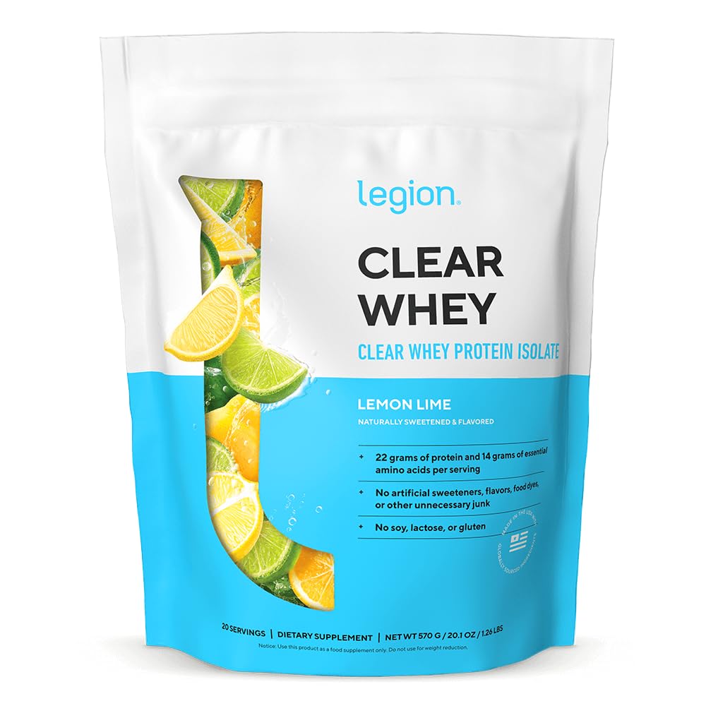 LEGION Clear Whey+ Protein Isolate Powder–Naturally Flavored Strawberry Lemonade, 22g Protein with BCAAs,Zero Sugar & Lactose Free,Fast Digesting Grass-Fed Whey, Refreshing Protein Shake (20 Servings)