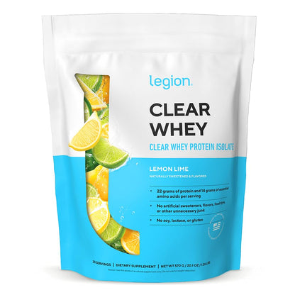 LEGION Clear Whey+ Protein Isolate Powder–Naturally Flavored Strawberry Lemonade, 22g Protein with BCAAs,Zero Sugar & Lactose Free,Fast Digesting Grass-Fed Whey, Refreshing Protein Shake (20 Servings)