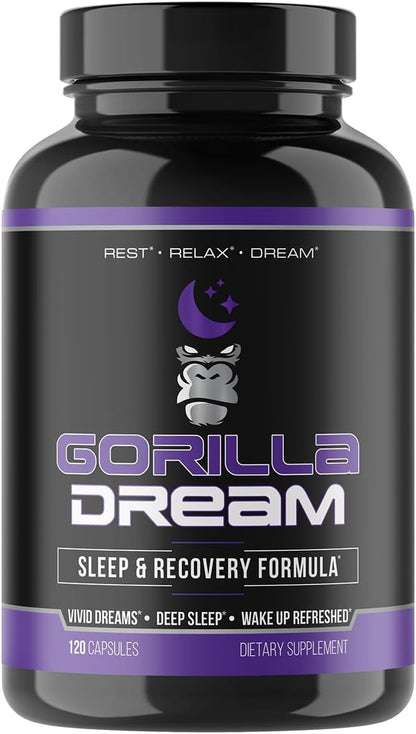 Gorilla Mind Dream Sleep Supplement (120 Capsules) - Nootropic Infused Comprehensive Sleep & Recovery Supplement - GABA, Melatonin, Valerian Root, Magnesium, L-Theanine, Sensoril, Ashwagandha & More