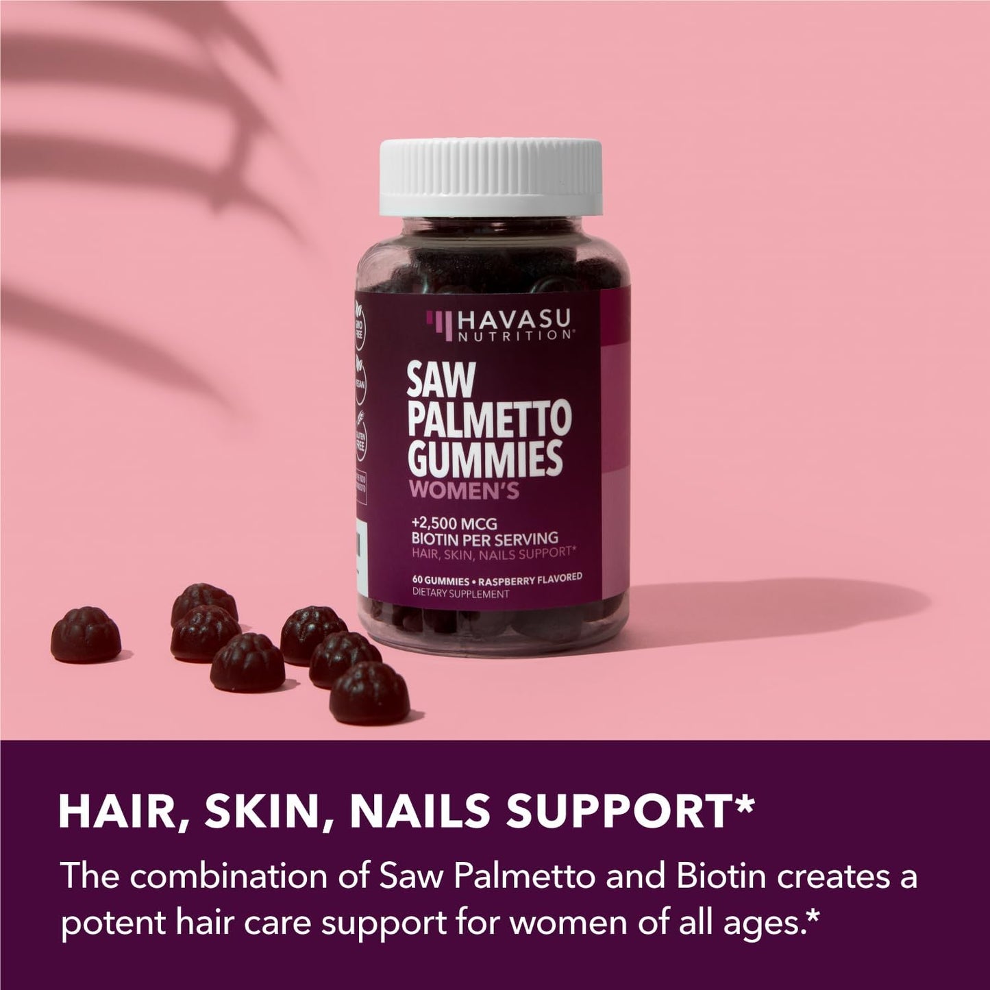 Saw Palmetto Gummies for Women, Raspberry, 60ct, 2500mcg Biotin | DHT Blocker & Hair, Skin, Nail Health Gummies, Supports Stronger-Looking Hair, Raspberry Flavor, 1 Month Supply Gsupps Australia