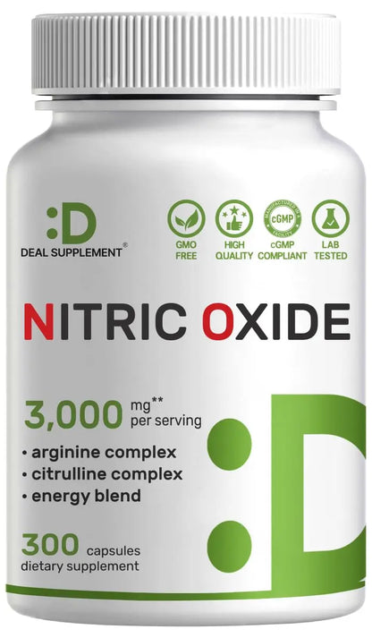 Nitric Oxide Supplement 3,000mg, 300 Capsules | 12-in-1 Complex for Men & Women – Arginine, Citrulline, Korean Red Ginseng, DEAL SUPPLEMENT