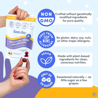 FIRST DAY Kids Magnesium Citrate Gummies (Ages 4+) with No Melatonin | Calm Kids Magnesium Gummies | Bedtime Supplement for Better Sleep with Suntheanine FIRST DAY