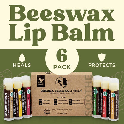 Earth's Daughter USDA Organic Lip Balm 6-Pack - Fruit Flavors, Beeswax, Coconut Oil, Vitamin E - Best Lip Repair Earth's Daughter