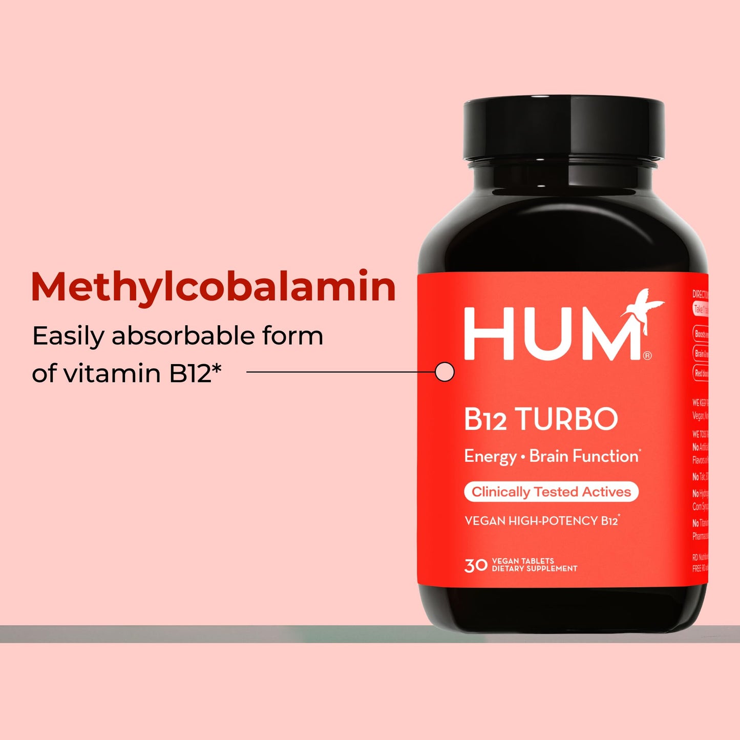 HUM B12 Turbo, Vitamin B12 Supplement, Daily Energy Support, Calcium for Bone Health, B-12 Vitamin Energy Supplements, Gluten Free, Vegan, Non GMO, 30 Vegan High Potency Tablets