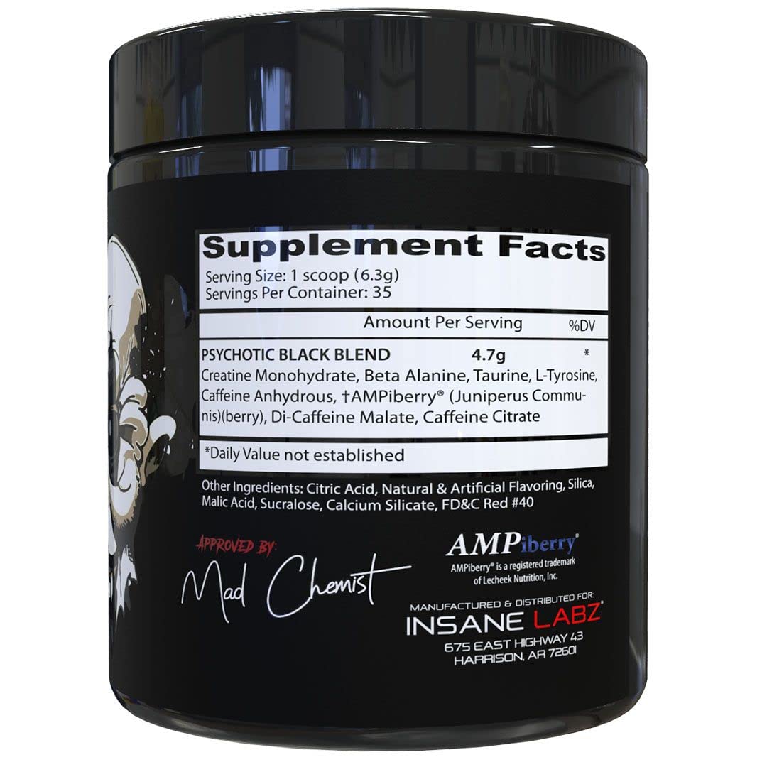 Insane Labz Psychotic Black Edition Mid Stimulant Pre Workout Powder, Energy Focus Pumps, Loaded with Creatine Beta Alanine Taurine Fueled by AMPiberry, 35 Servings (Blue Raspberry)