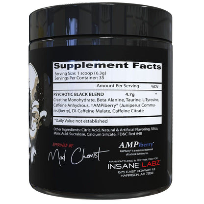 Insane Labz Psychotic Black Edition Mid Stimulant Pre Workout Powder, Energy Focus Pumps, Loaded with Creatine Beta Alanine Taurine Fueled by AMPiberry, 35 Servings (Blue Raspberry)