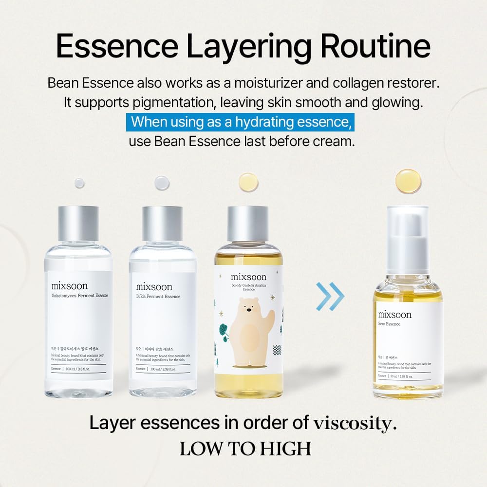 mixsoon Bean Essence Exfoliating, Snail Mucin Moisturizer for Hydrating, Fermented Bean Extract, Gentle Formula mixsoon
