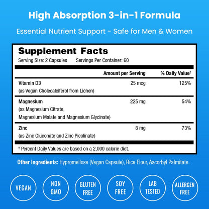 NutraChamps Magnesium Zinc & Vitamin D3 Supplement - Most Bioavailable Forms; Magnesium Glycinate, Malate, Citrate - Bone, Muscle & Heart Health, NutraChamps