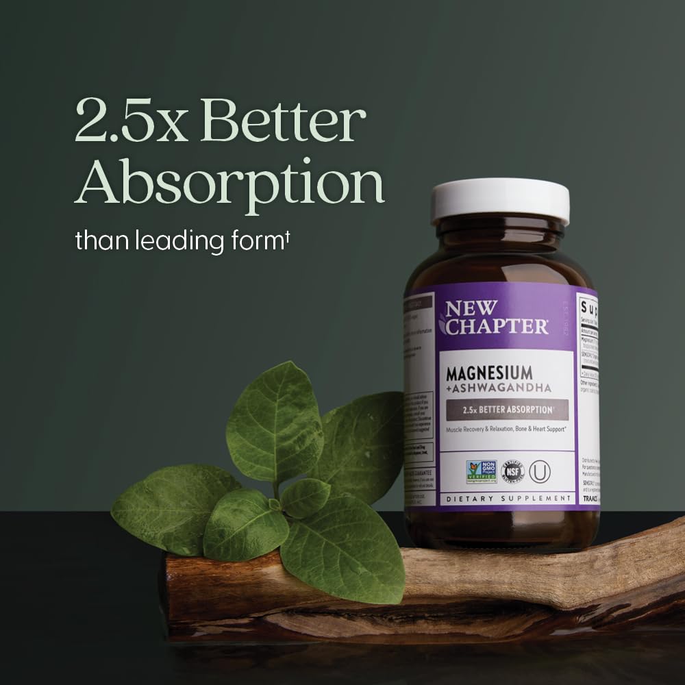 New Chapter Magnesium + Ashwagandha Supplement, 325 mg with Magnesium Glycinate for Muscle Relaxation & Recovery, Heart, Nerve & Bone Health, 2.5X Absorption, Non-GMO - 30 ct (1 Month Supply) New Chapter buy australia supplements