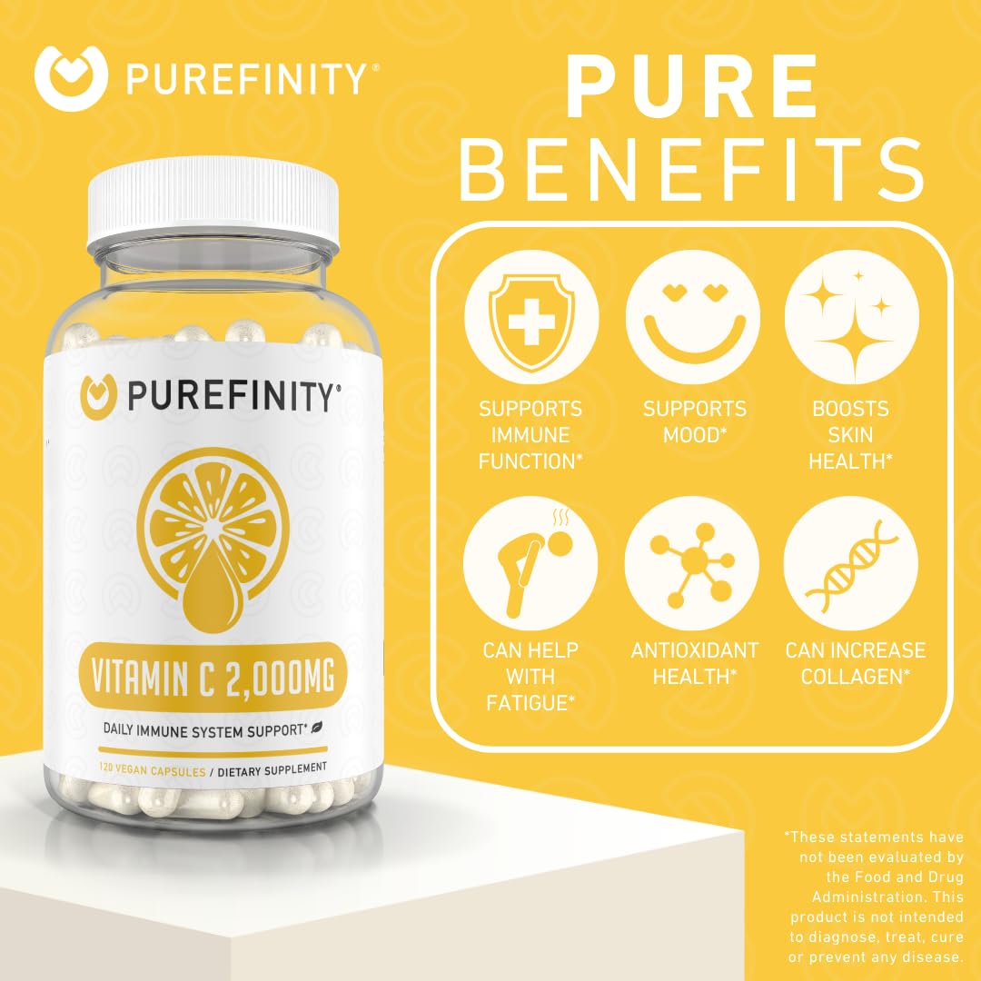 PUREFINITY Vitamin C 2000mg Capsules – Double Strength, High Absorption Supplement, Powerful Antioxidant Properties, 120 Capsules (1 Month Supply)