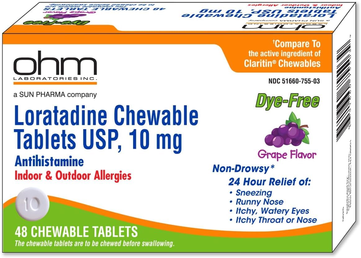 Ohm Loratadine 10mg, Chewable Tablets, Non-Drowsy Antihistamine for Indoor & Outdoor Allergies | Grape Flavor, Dye-Free, Allergy Relief (Large, 48, Count) Ohm buy australia supplements