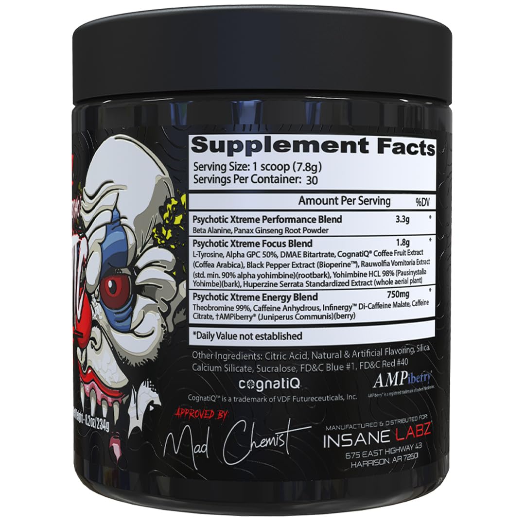 Insane Labz Psychotic Xtreme, High Stimulant Pre Workout Powder, Extreme Lasting Energy, Focus and Endurance with Beta Alanine, Panax Ginseng, Theobromine, DMAE (30 Servings, Fruit Punch)