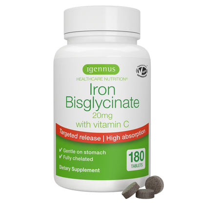 Igennus Clean Iron Bisglycinate 20mg, Vitamin C, 6 Month Supply, Gentle Chelated High Absorption Formula & Targeted Release Ferrous Bisglycinate Igennus Healthcare Nutrition