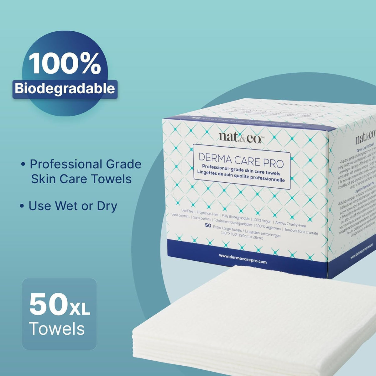 Nat.&Co. Derma Care Pro 100% USDA Biobased Material - Professional Grade Extra Large Face Towels - Bio-Based Towel, Makeup Remover Dry Wipes, Facial Wash Cloths for Sensitive and Clean Skin - 50 Count nat.&co.