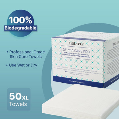 Nat.&Co. Derma Care Pro 100% USDA Biobased Material - Professional Grade Extra Large Face Towels - Bio-Based Towel, Makeup Remover Dry Wipes, Facial Wash Cloths for Sensitive and Clean Skin - 50 Count nat.&co.