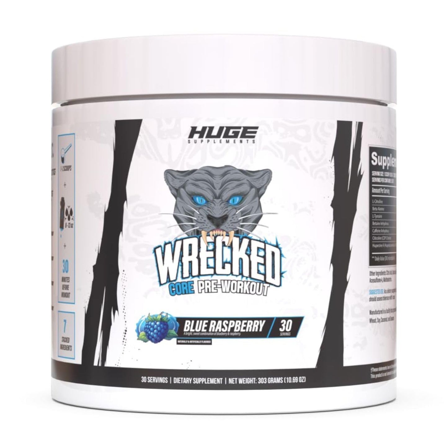 Wrecked Core - All-in-One Pre-Workout Supplement for Men & Women, Increase Energy, Focus & Pumps with L-Citrulline, Beta-Alanine, L-Tyrosine & More (30 Servings) - Blue Raspberry