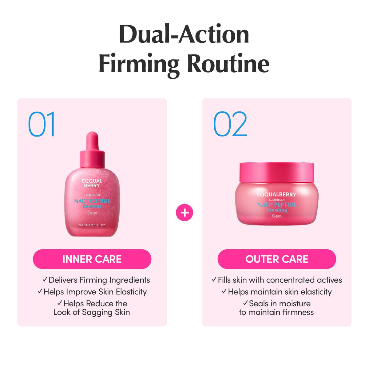EQQUALBERRY NAD+ Peptide Boosting Serum & Cream Duo | Pink Cream for Anti-Aging, Firming & Lifting, Jawline, Neck, Décolleté | Korean Skin Care EQQUALBERRY
