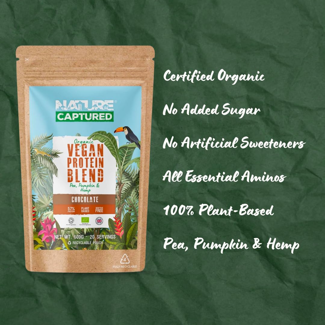 Organic & Raw Vegan Protein Blend (600g) - Chocolate Flavour - Pea, Pumpkin & Hemp Nature CapturedBuy Supplements Australia
