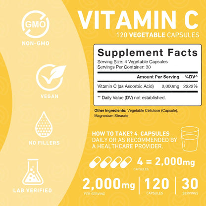 PUREFINITY Vitamin C 2000mg Capsules – Double Strength, High Absorption Supplement, Powerful Antioxidant Properties, 120 Capsules (1 Month Supply)