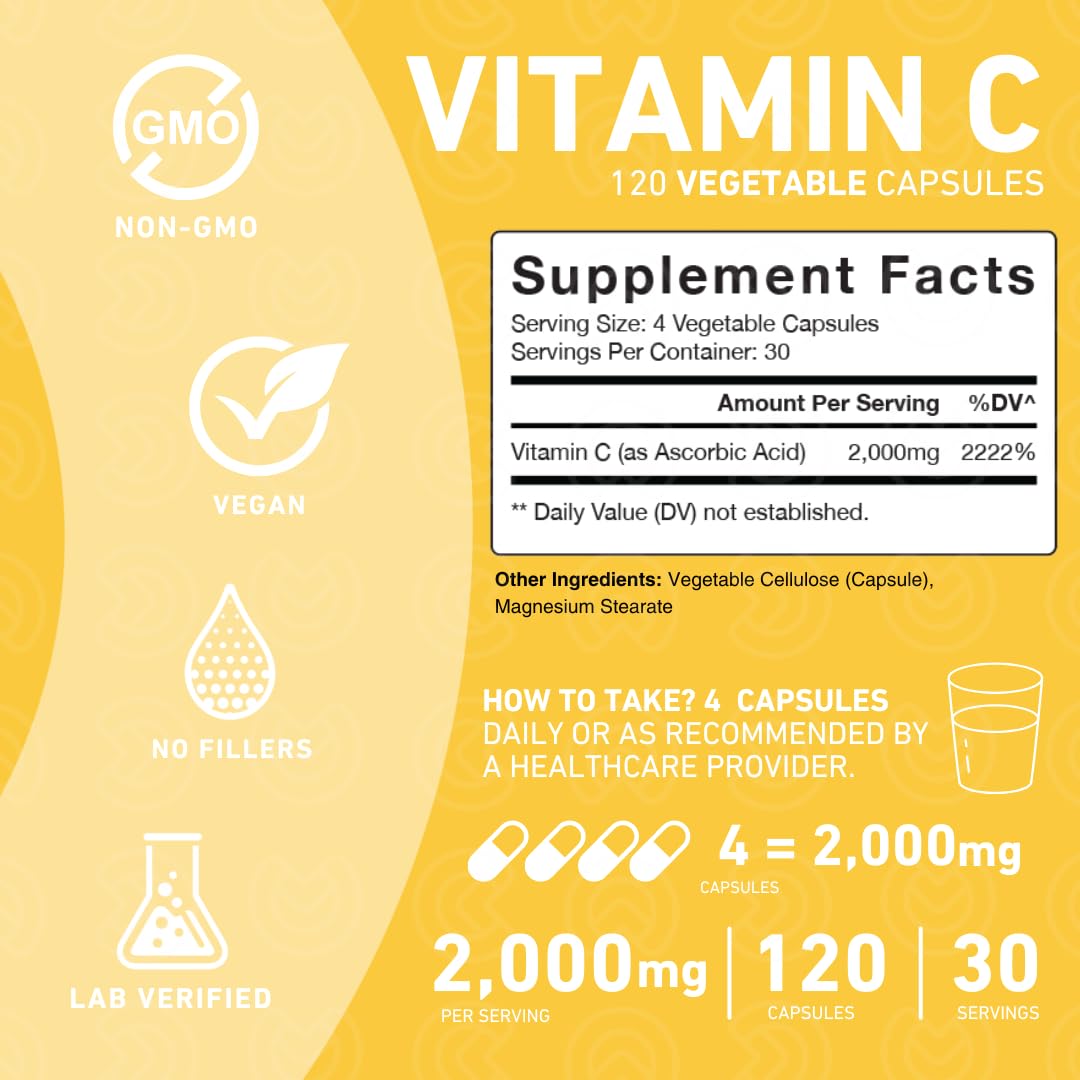 PUREFINITY Vitamin C 2000mg Capsules – Double Strength, High Absorption Supplement, Powerful Antioxidant Properties, 120 Capsules (1 Month Supply)