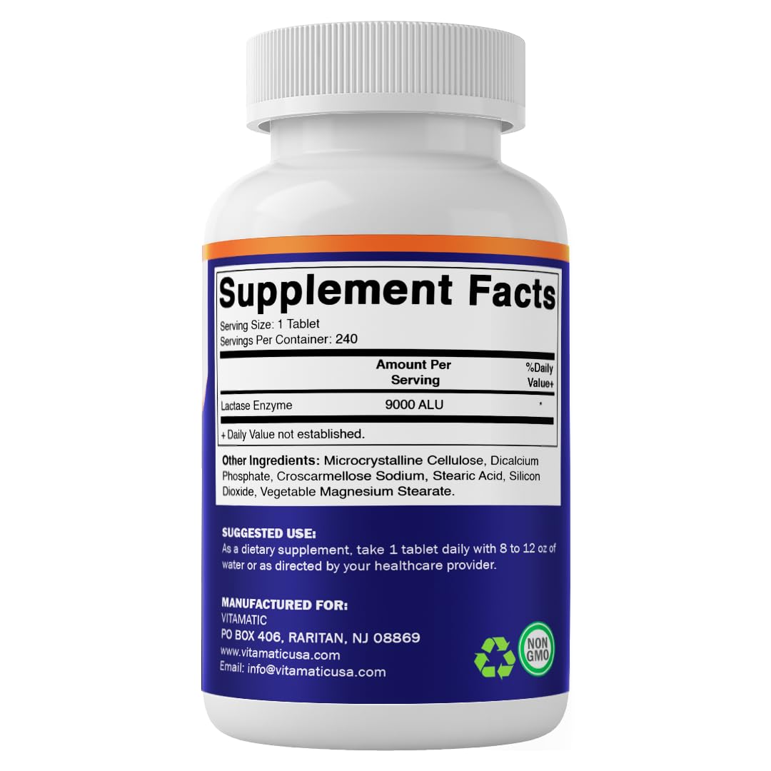 Vitamatic Lactase Enzyme 9000 FCC 240 Tablets - Lactose Intolerance Relief Caplets Vitamatic