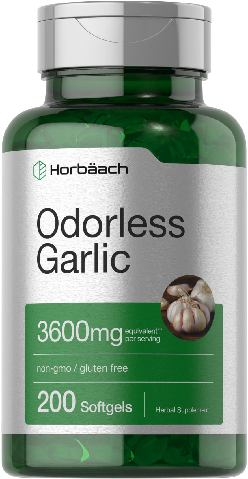 Horbäach Odorless Garlic Softgel Supplement | 200 Count | Ultra Potent Concentrated Herbal Extract | Non-GMO & Gluten Free Horbäach