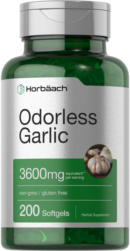 Horbäach Odorless Garlic Softgel Supplement | 200 Count | Ultra Potent Concentrated Herbal Extract | Non-GMO & Gluten Free Horbäach