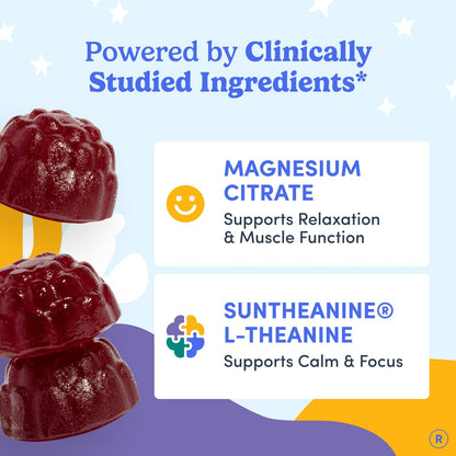 FIRST DAY Kids Magnesium Citrate Gummies (Ages 4+) with No Melatonin | Calm Kids Magnesium Gummies | Bedtime Supplement for Better Sleep with Suntheanine FIRST DAY