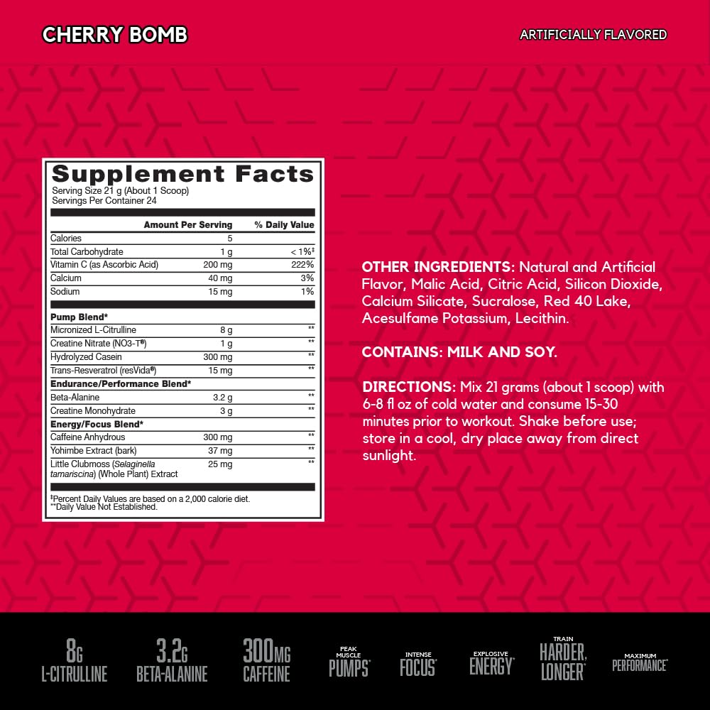 BSN N.O.-XPLODE Vaso Pre Workout Powder with 8g of L-Citrulline and 3.2g Beta-Alanine and Energy, Flavor: Cherry Bomb, 24 Servings BSN